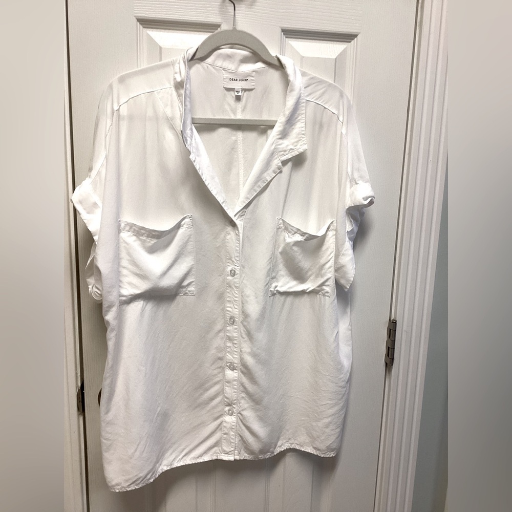 Dear John Women’s XL White Button Down Blouse Short Sleeve Top